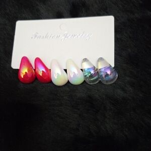 Earrings Iridescent Teardrop Set - Red, White, Clear NWOT
